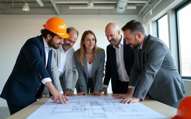 Team of Bolig Fornyelse professionals reviewing blueprints